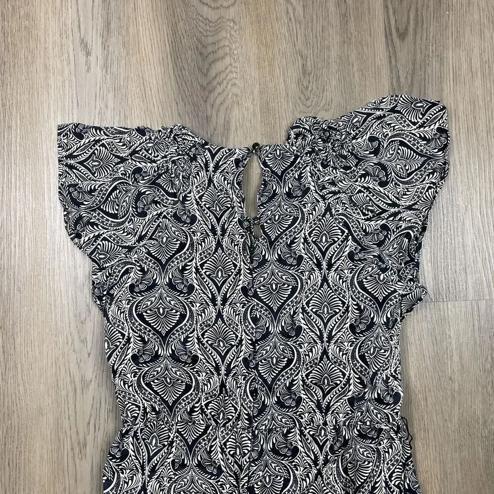 By Anthropologie Jumpsuit Womens 10 Black White Paisley Ruffle Neck Jogger Cuff - Picture 8 of 9